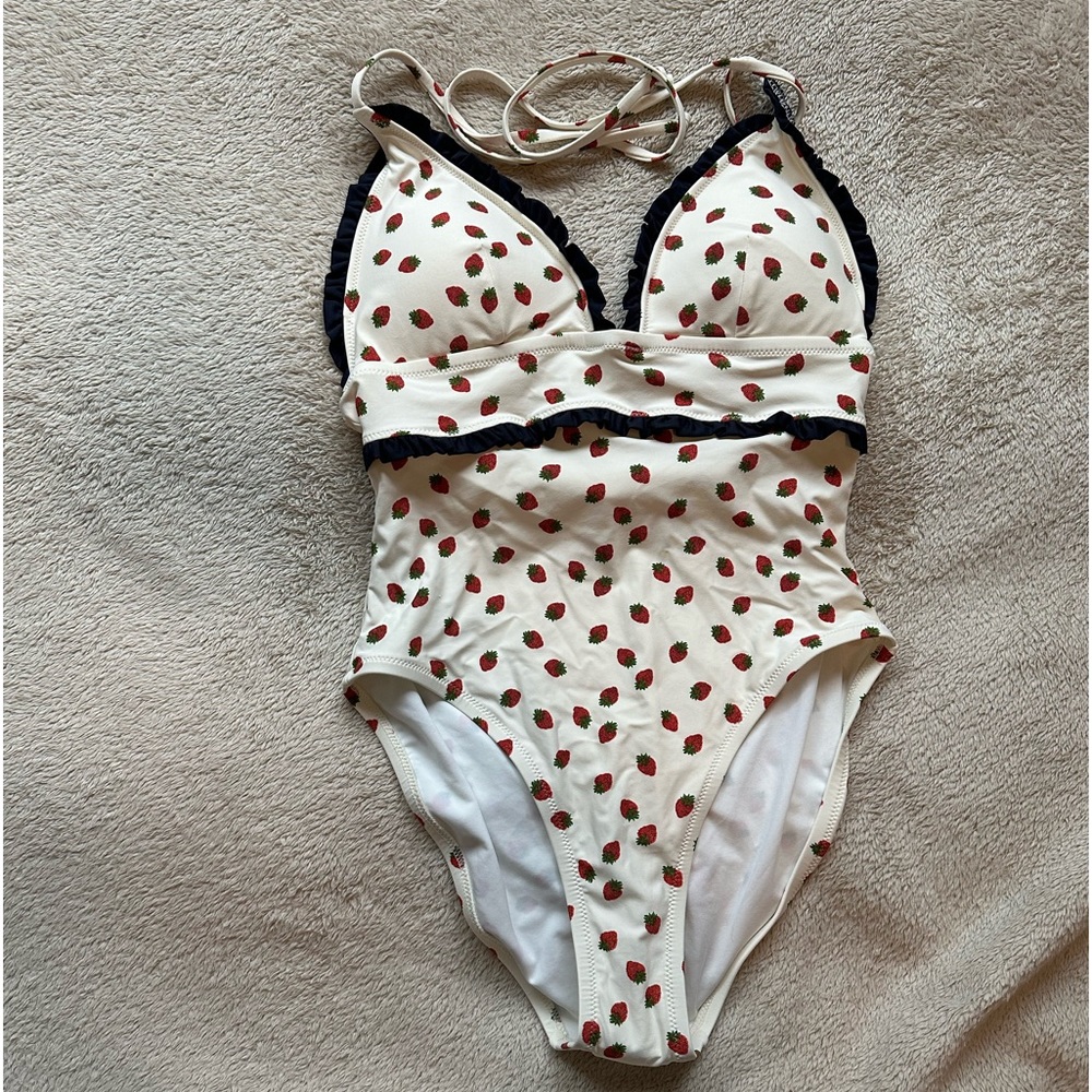 V-neck halter one-piece swimsuit in strawberry print